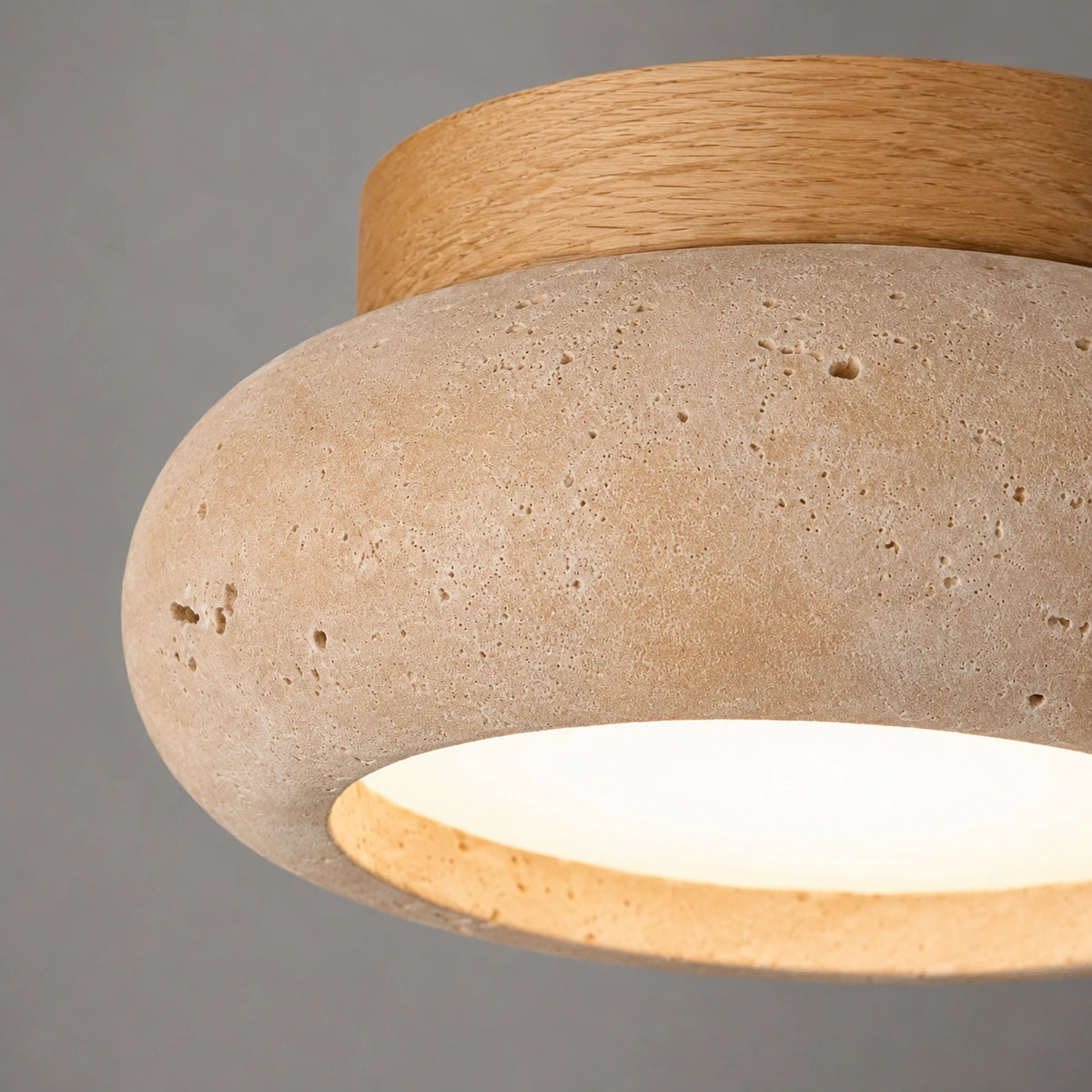 Plafonnier travertin bois acajou - design soucoupe