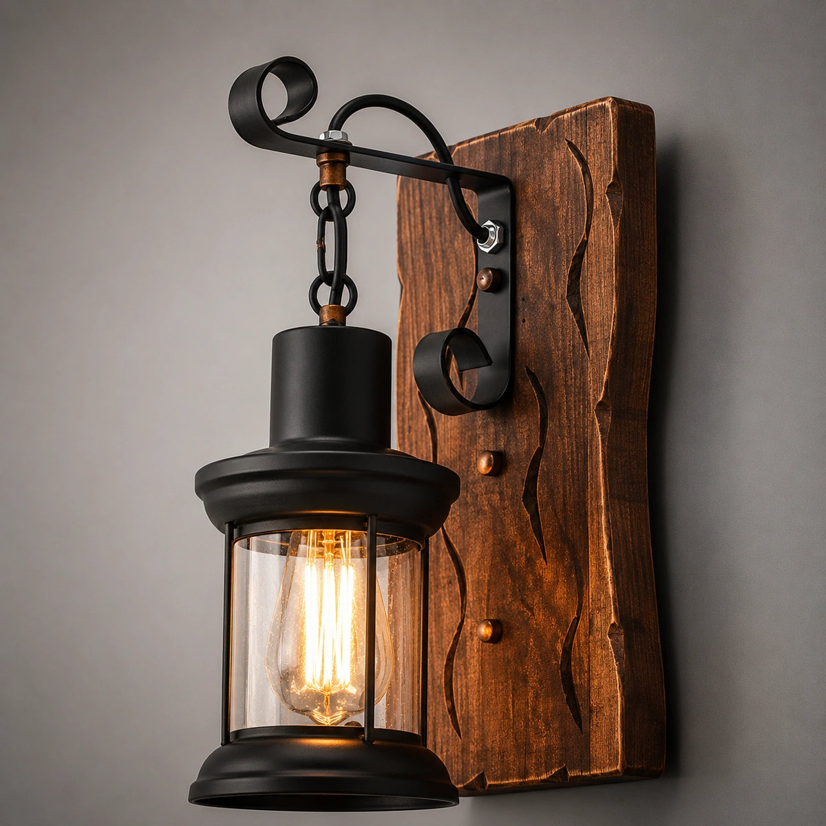 Applique murale en bois - lanterne style industriel
