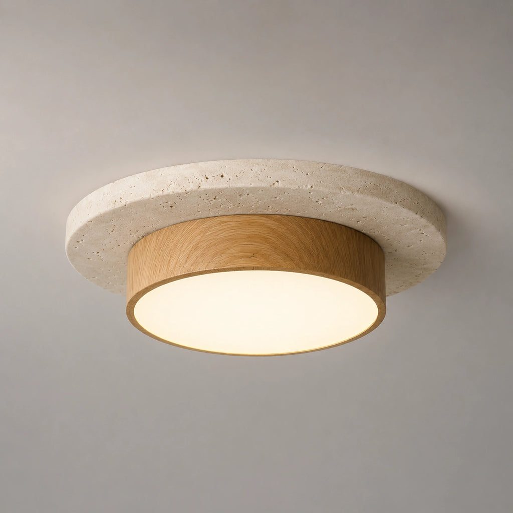 Plafonnier en Travertin - Pierre & Bois, acajou Wabi Sabi