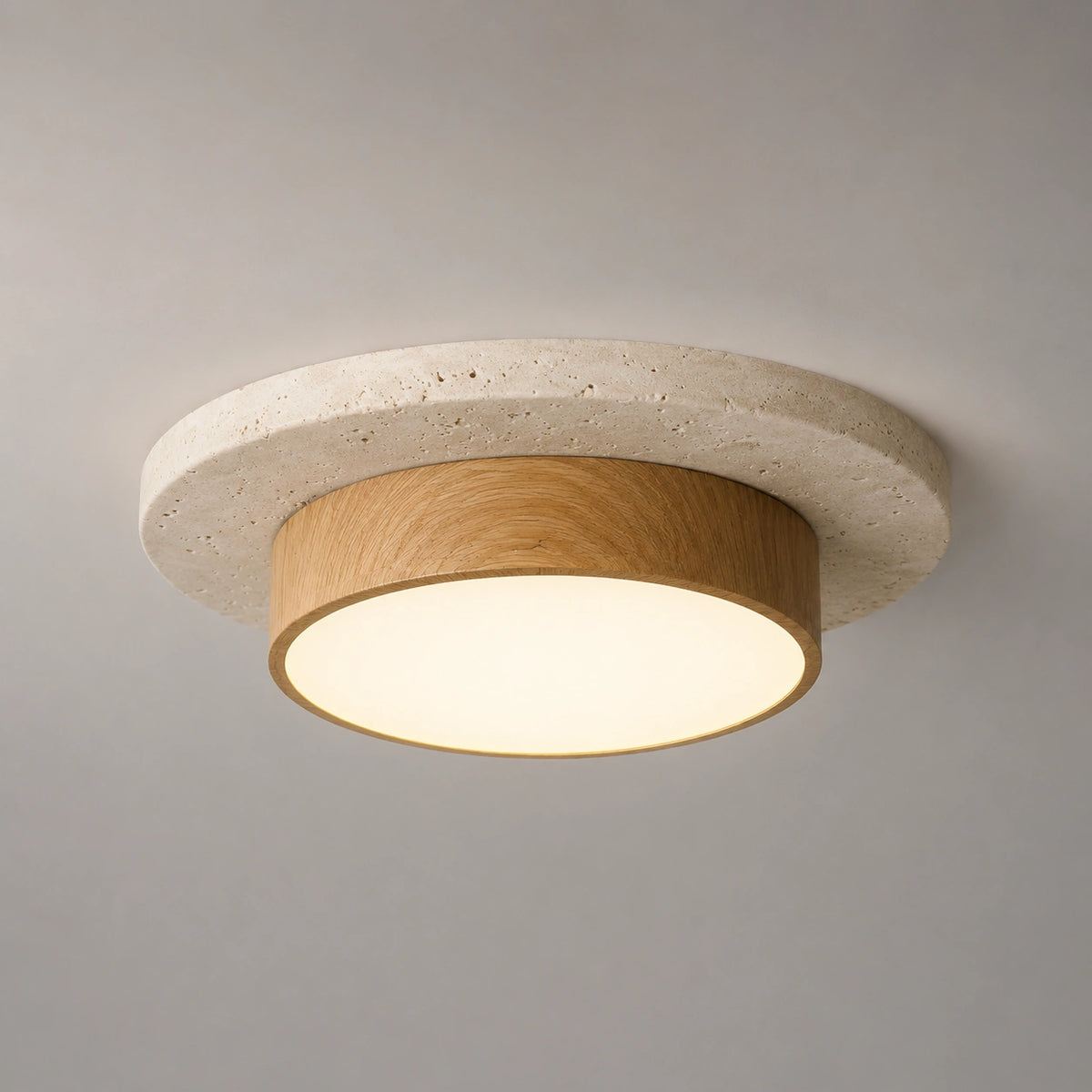 Plafonnier en Travertin - Pierre & Bois, acajou Wabi Sabi