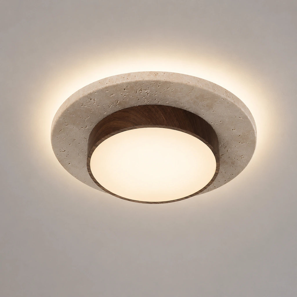 Plafonnier en Travertin - Pierre & Bois, acajou Wabi Sabi