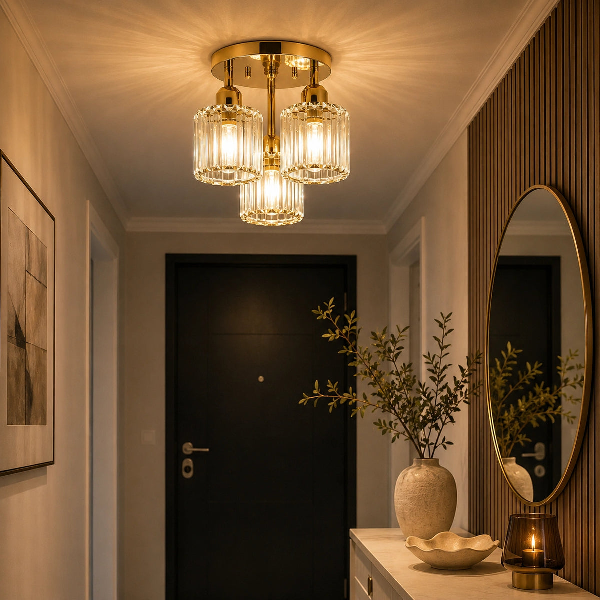 Plafonnier en verre doré - Élégant 3 point lumineux