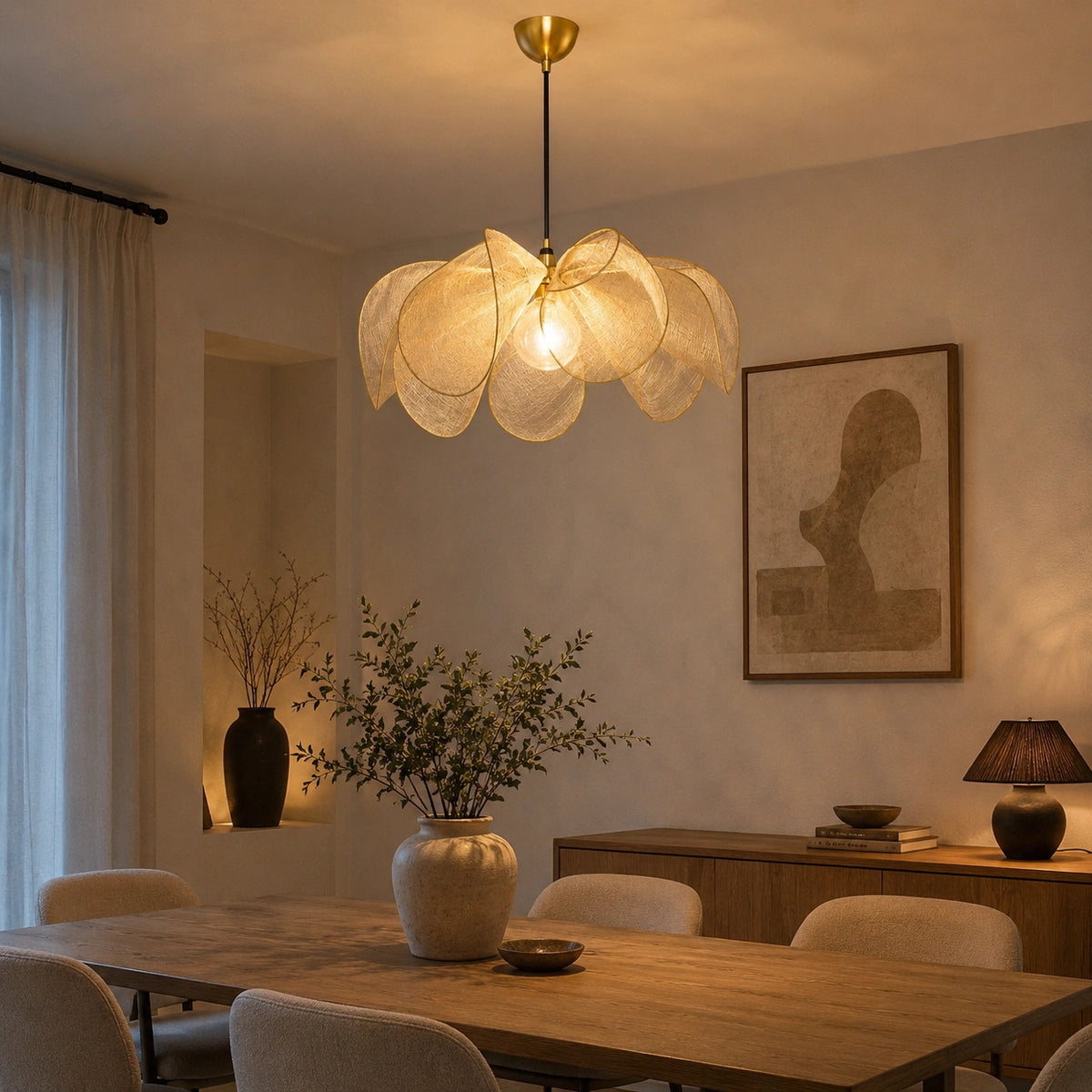 Suspension Japandi Fleure beige - pétale en tissu crème