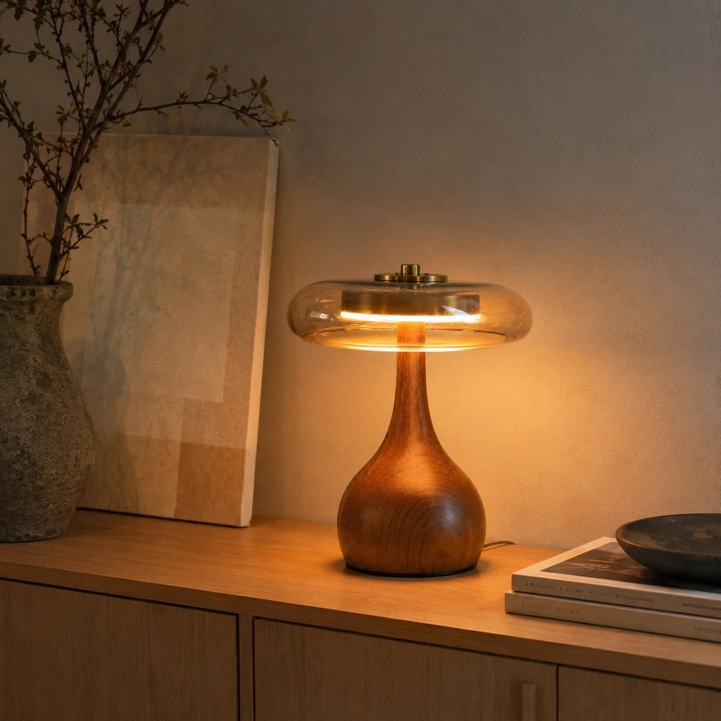 Lampe de Table Rétro Chic en Bois et Verre – Éclairage Décoratif