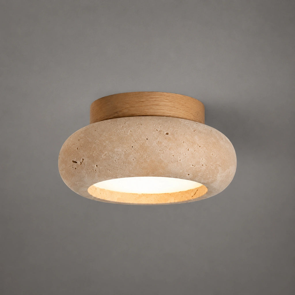 Plafonnier travertin bois acajou - design soucoupe