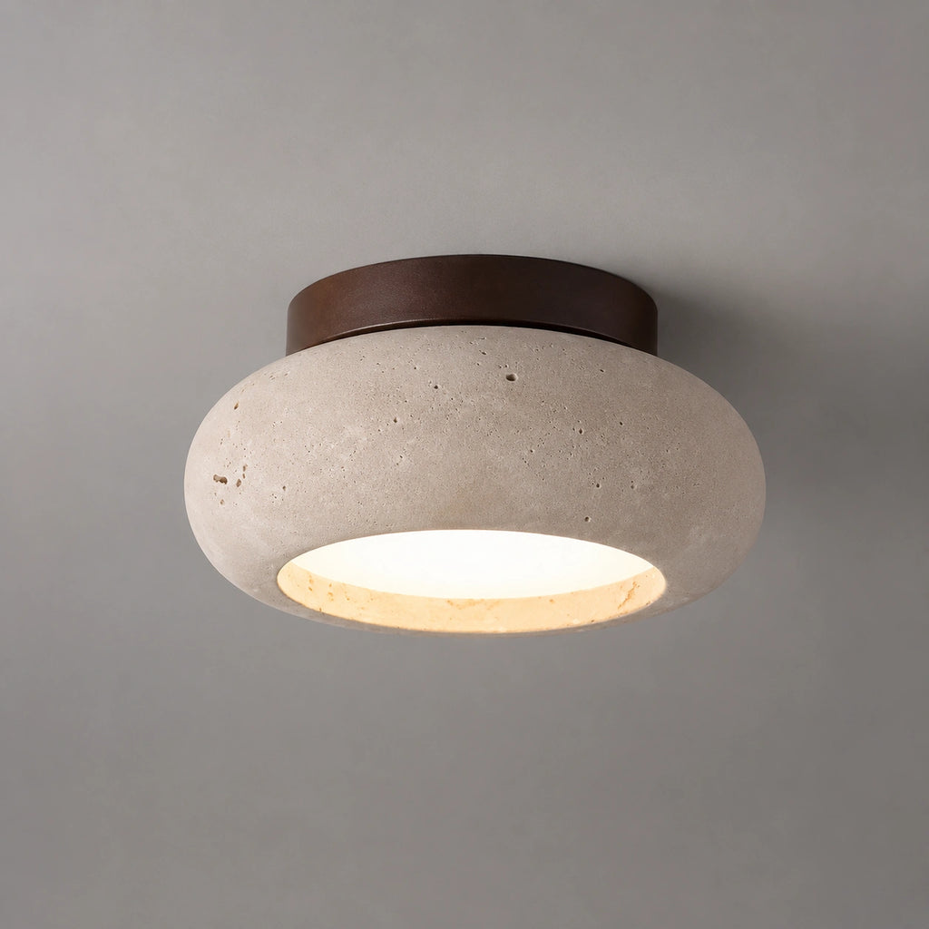 Plafonnier travertin bois acajou - design soucoupe