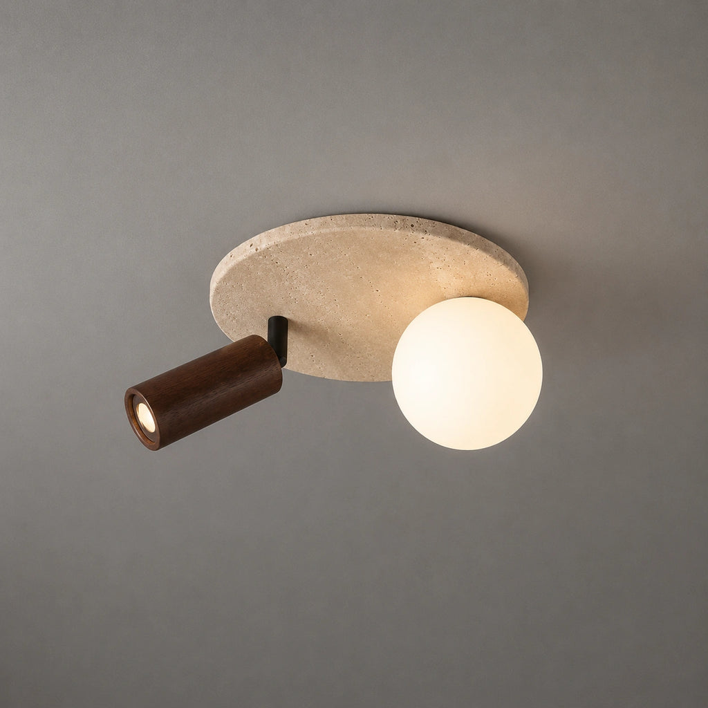 Plafonnier travertin, Bois acajou - Moderne, double point lumineux