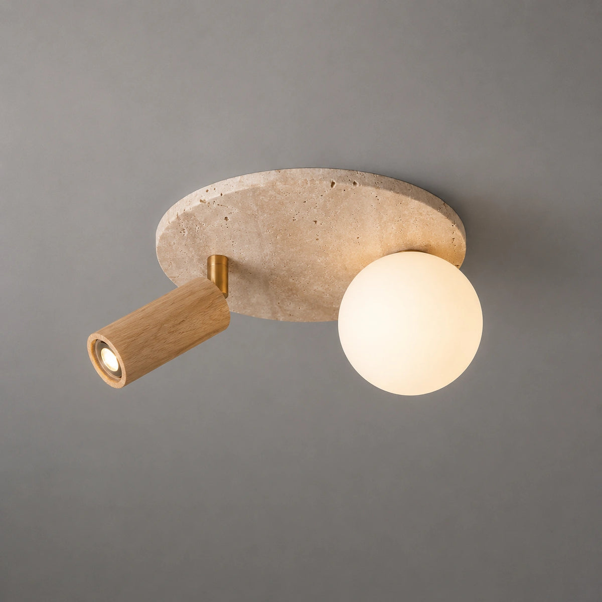 Plafonnier travertin, Bois acajou - Moderne, double point lumineux