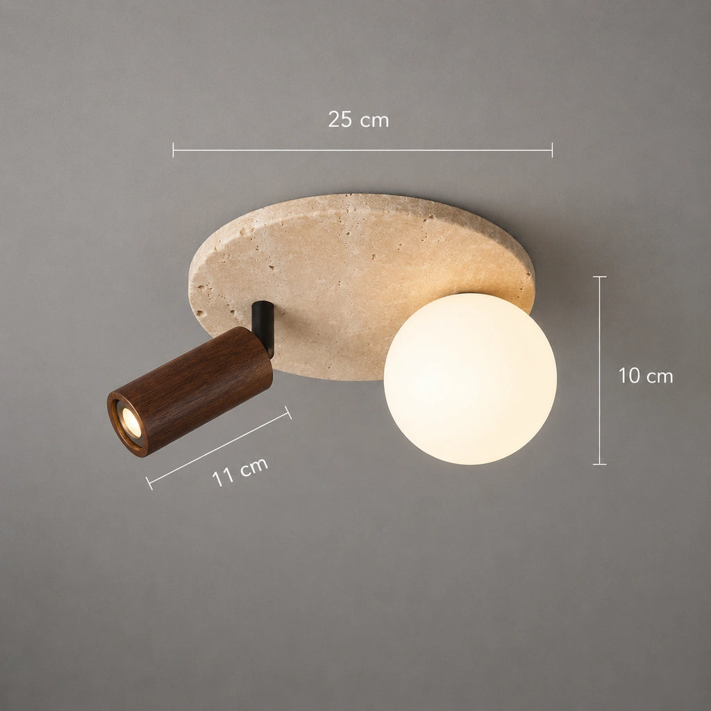 Plafonnier travertin, Bois acajou - Moderne, double point lumineux