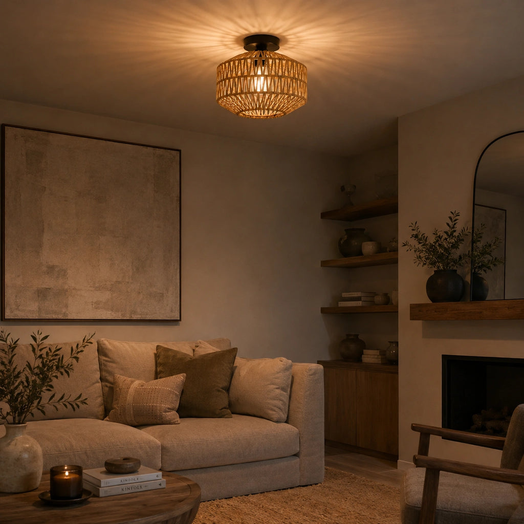 Lustre bambou naturel tressé – suspension artisanale en rotin pour salon