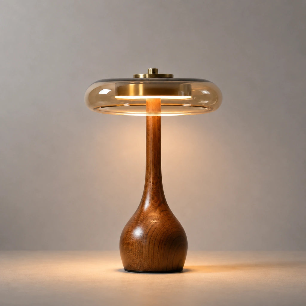 Lampe de Table Rétro Chic en Bois et Verre – Éclairage Décoratif