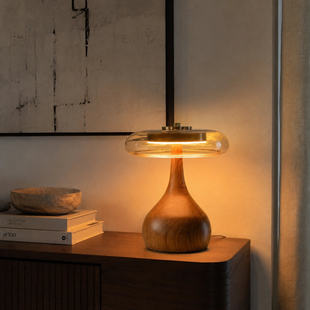 Lampe de Table Rétro Chic en Bois et Verre – Éclairage Décoratif
