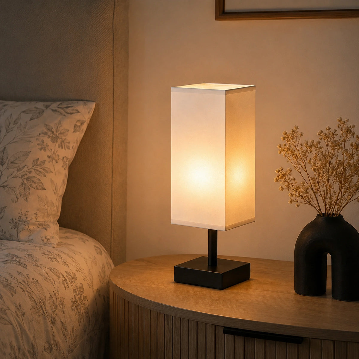 Lampe de Chevet Moderne en Tissu et Métal Noir – Éclairage LED Élégant - LINOR