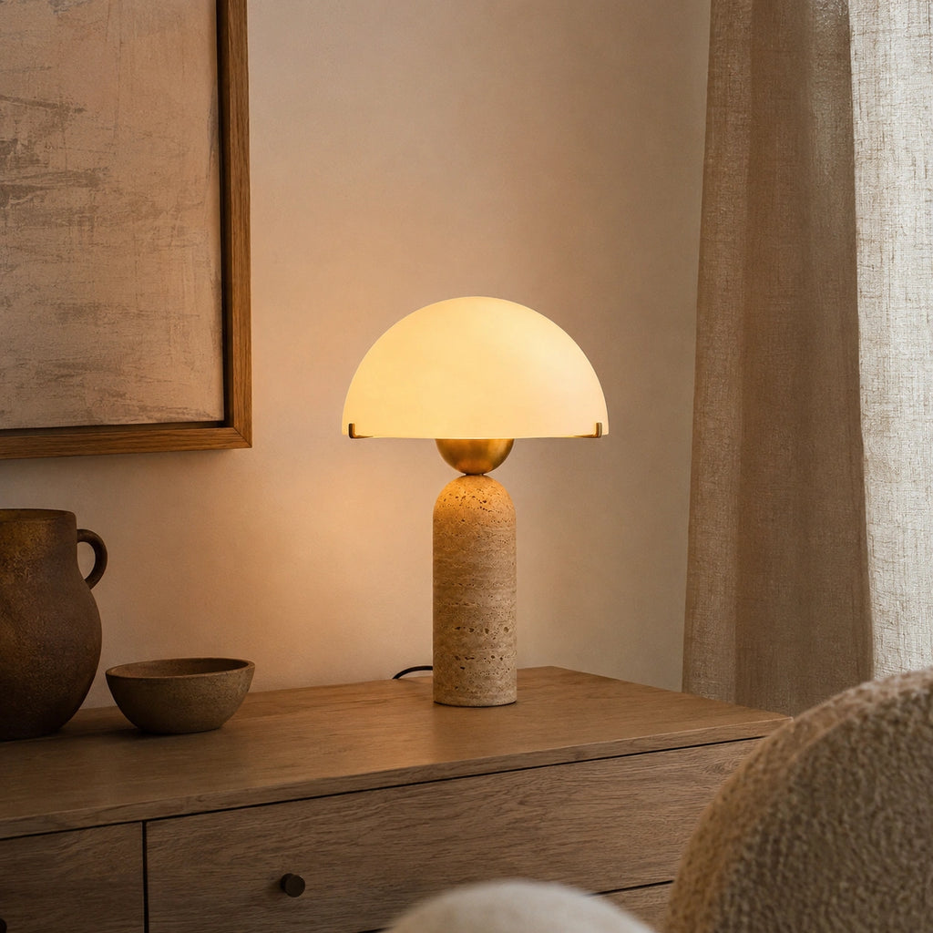Lampe de Table Signature en Travertin Naturel et Verre – Élégance Minérale au Design Contemporain
