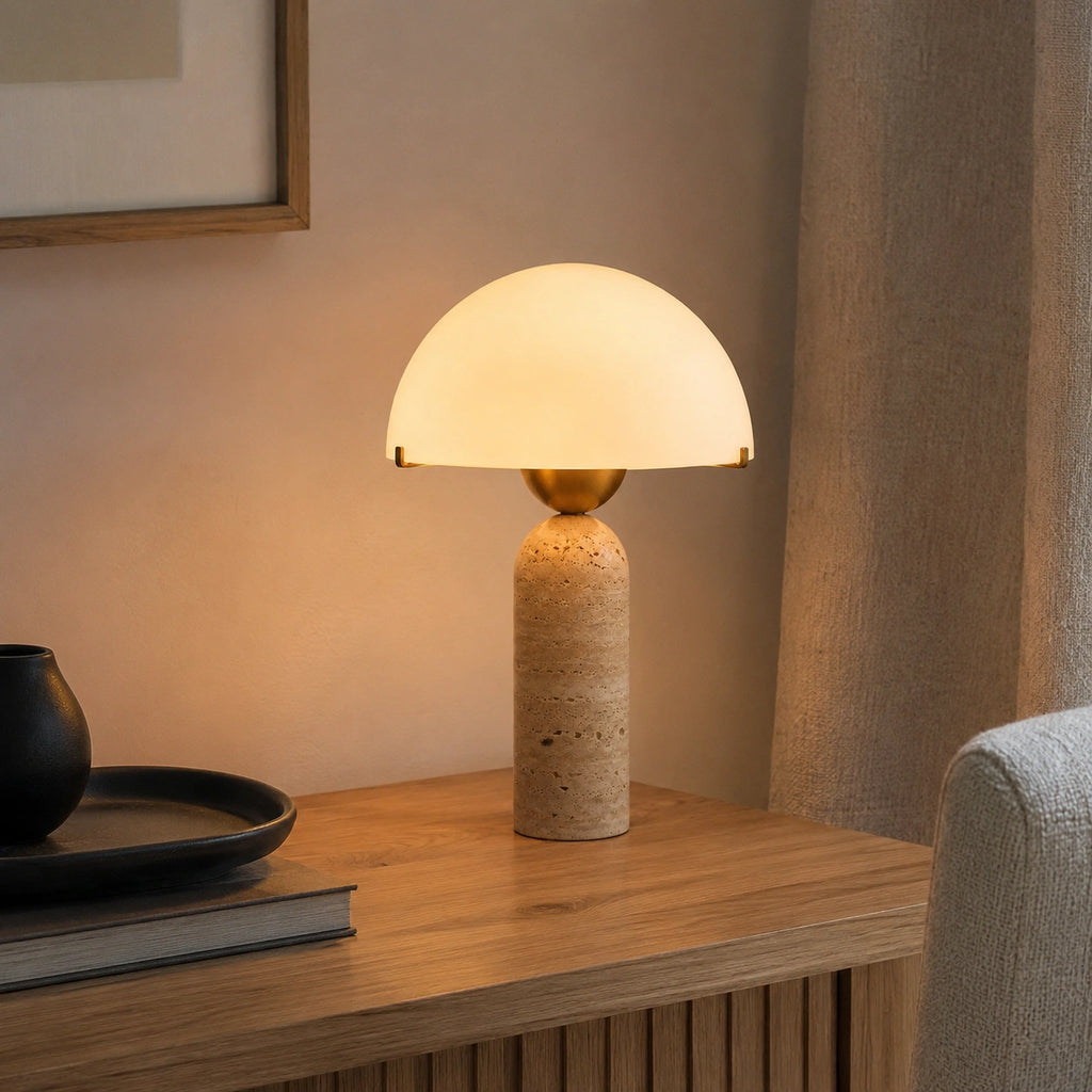 Lampe de Table Signature en Travertin Naturel et Verre – Élégance Minérale au Design Contemporain