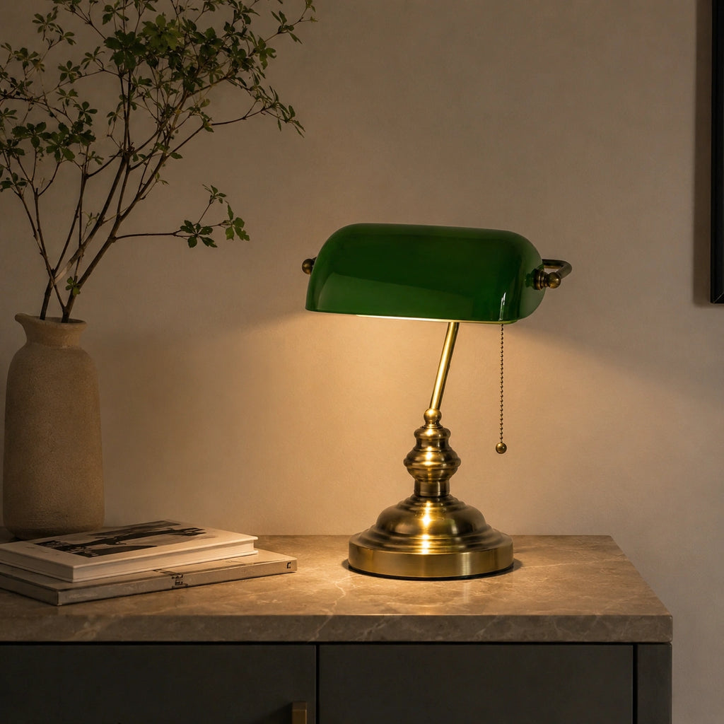Lampe de Bureau Classique en Verre Vert et Laiton