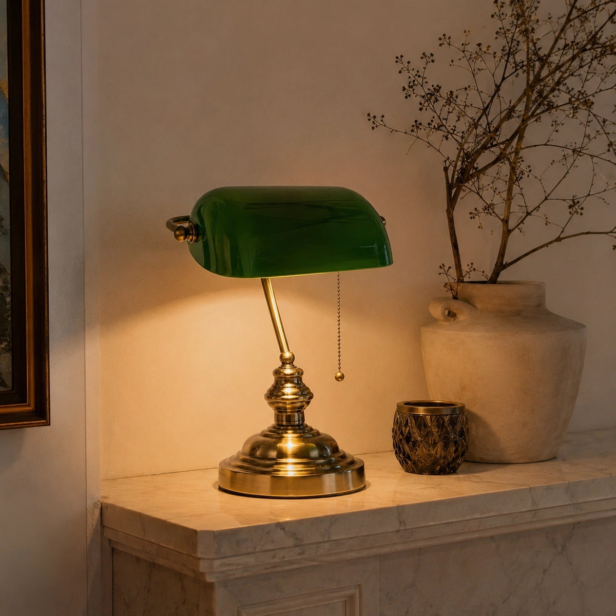 Lampe de Bureau Classique en Verre Vert et Laiton