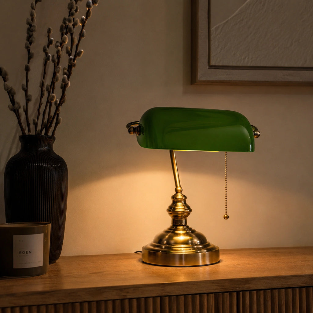 Lampe de Bureau Classique en Verre Vert et Laiton