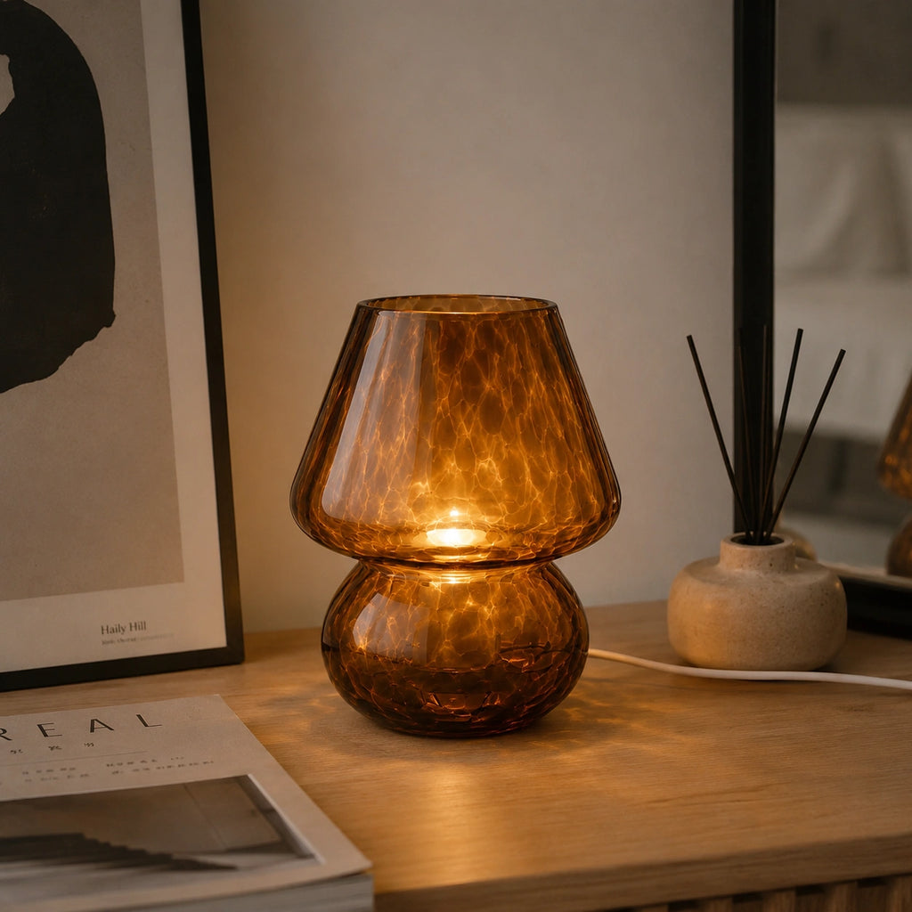 Lampe de Table Champignon en Verre Coloré – Lampe LED Tactile USB
