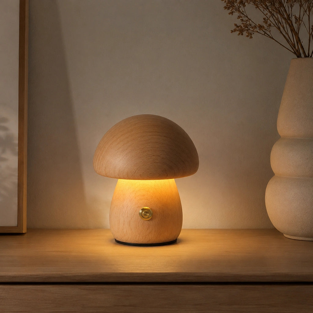 Veilleuse Champignon en Bois Rechargeable – Lampe de Chevet LED Tactile avec Intensité Réglable