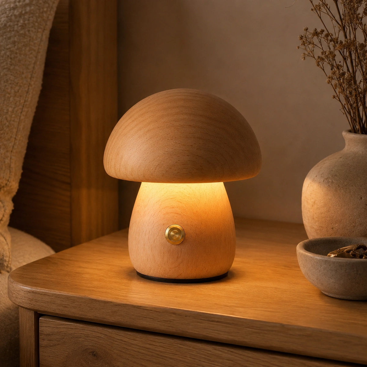 Veilleuse Champignon en Bois Rechargeable – Lampe de Chevet LED Tactile avec Intensité Réglable