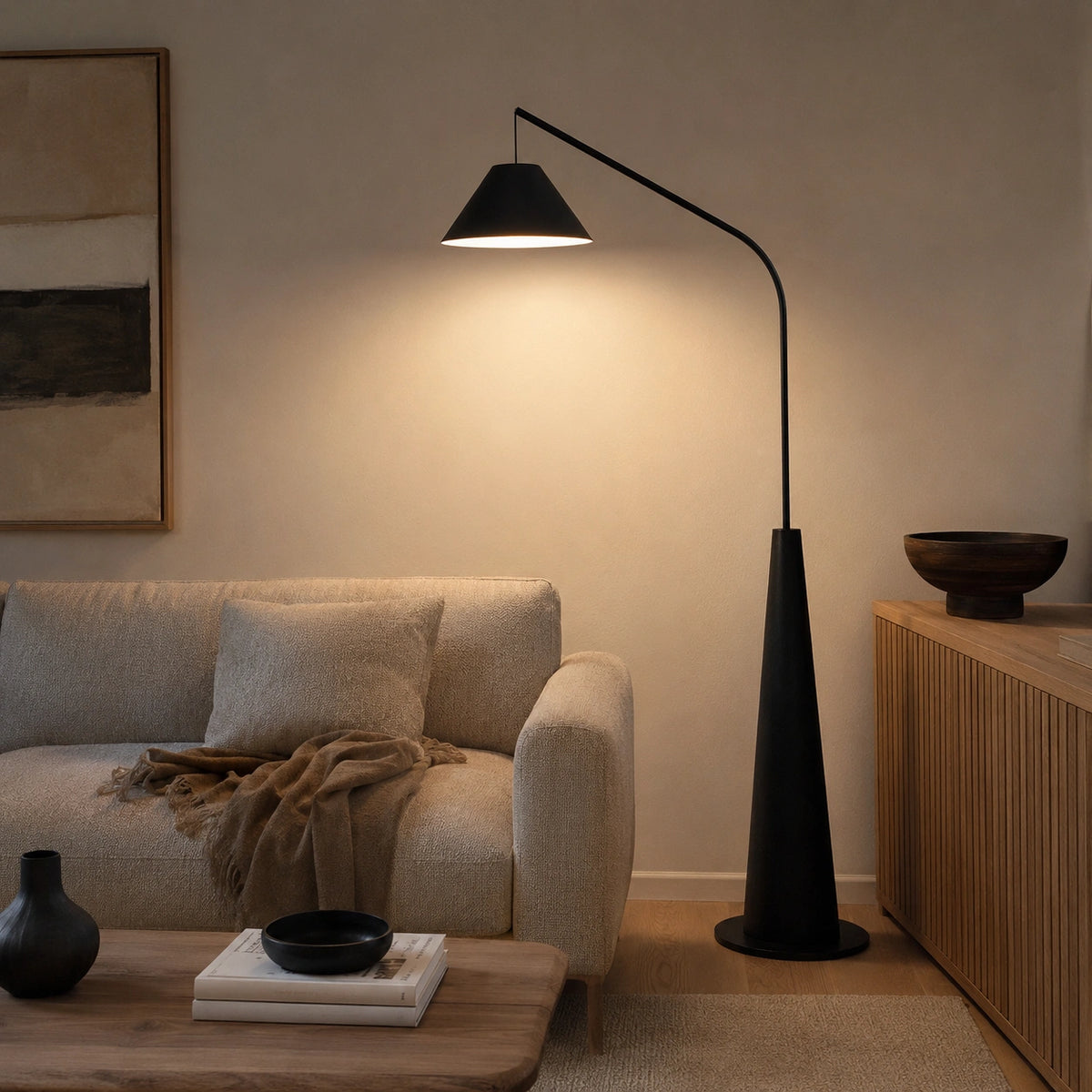 Lampadaire Arc Noir – Luminaire Minimaliste avec Abat-Jour Tissu⎥Bellani