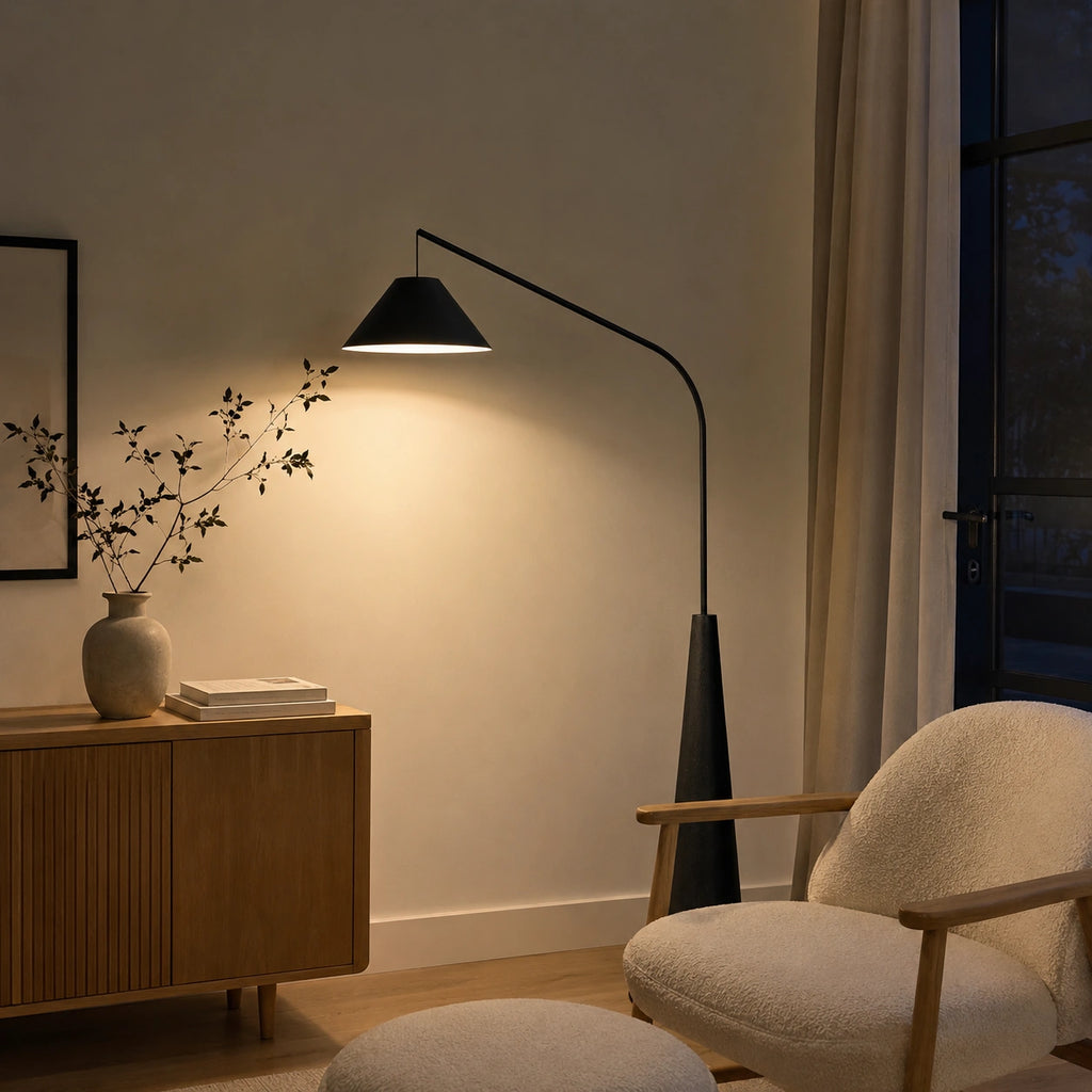 Lampadaire Arc Noir – Luminaire Minimaliste avec Abat-Jour Tissu⎥Bellani