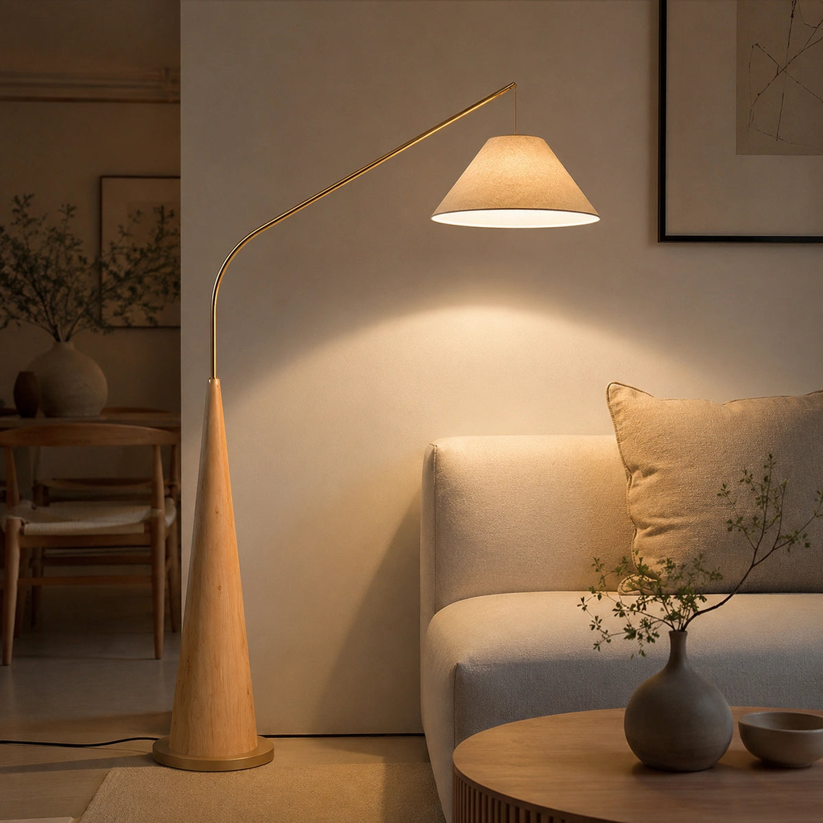Lampadaire Arc en Bois Noyer – Luminaire Minimaliste avec Abat-Jour Tissu⎥Bellani