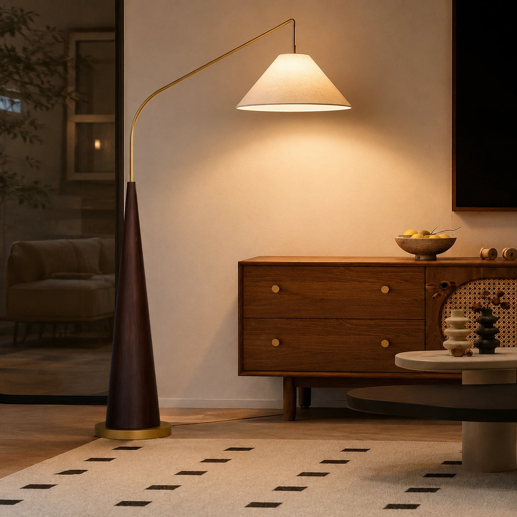 Lampadaire Arc en Bois Noyer – Luminaire Minimaliste avec Abat-Jour Tissu⎥Bellani