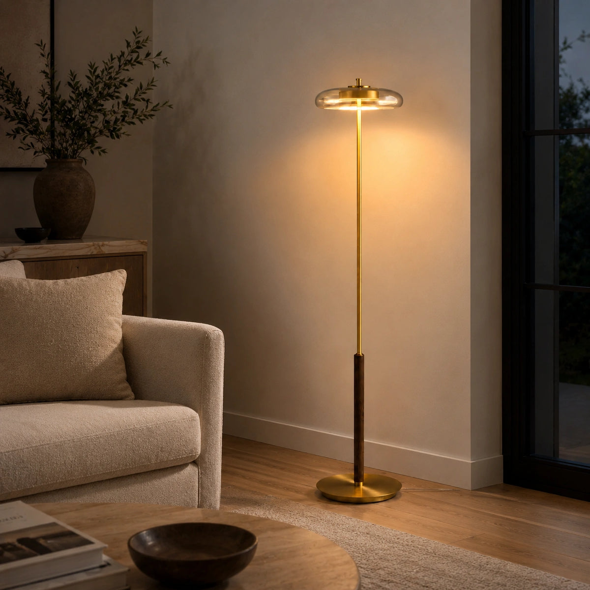 Lampadaire Design Champignon Verre Transparent et Métal Doré⎥Benini