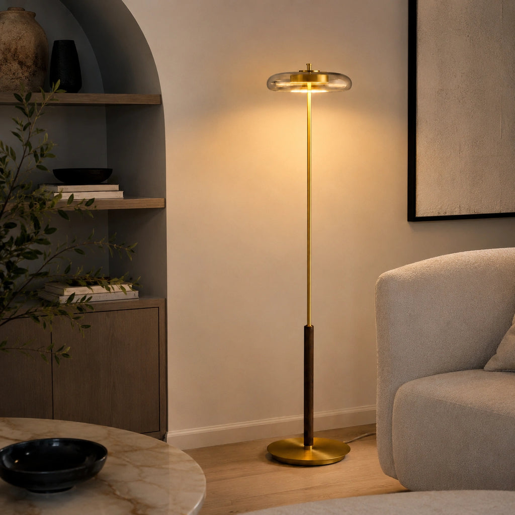 Lampadaire Design Champignon Verre Transparent et Métal Doré⎥Benini