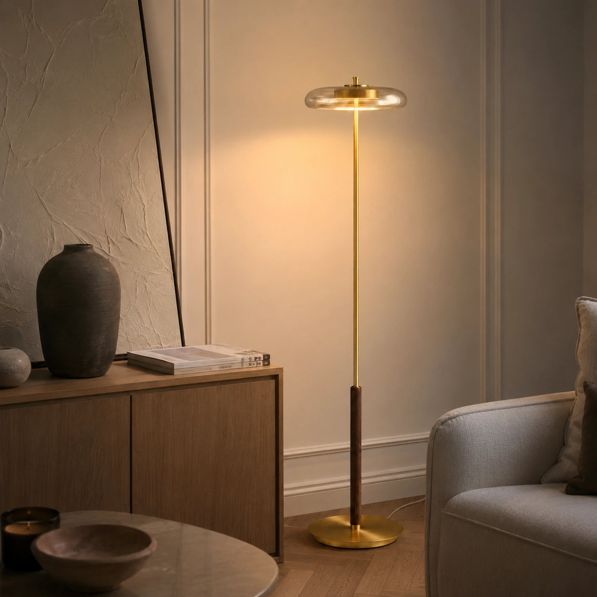 Lampadaire Design Champignon Verre Transparent et Métal Doré⎥Benini