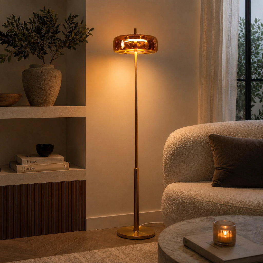 Lampadaire LED Nordique en Verre Ambré et Métal⎥Luciano