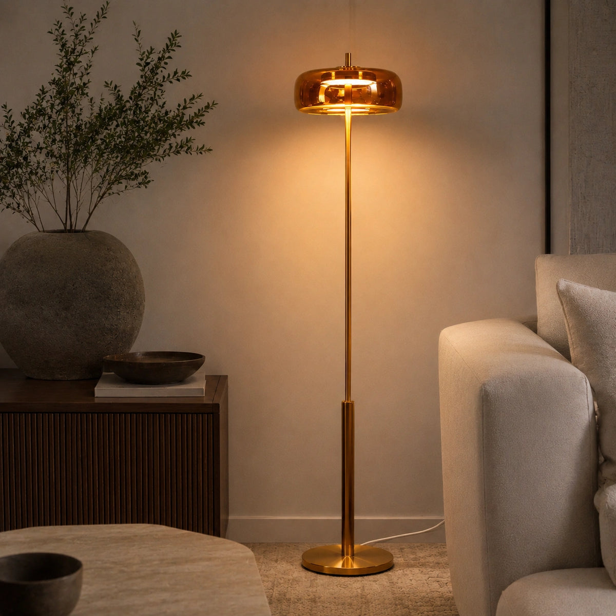 Lampadaire LED Nordique en Verre Ambré et Métal⎥Luciano