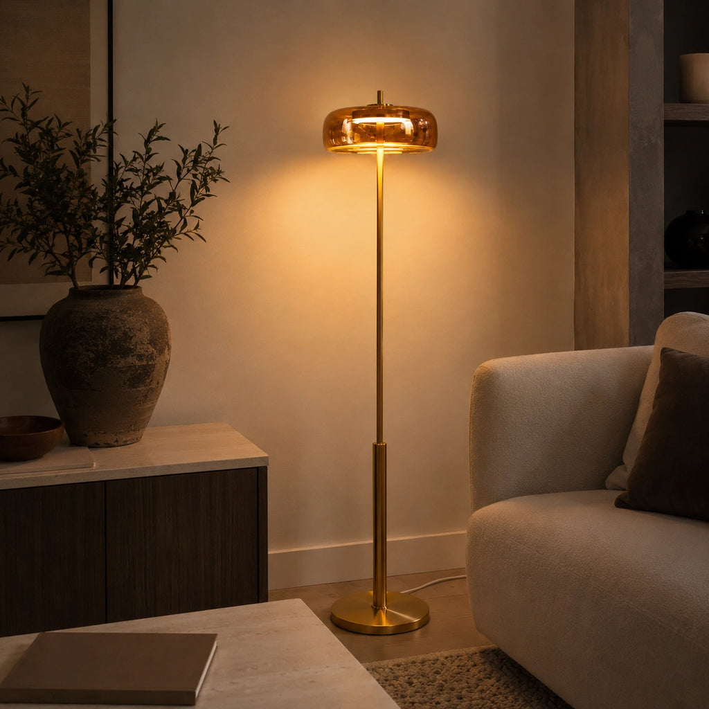 Lampadaire LED Nordique en Verre Ambré et Métal⎥Luciano