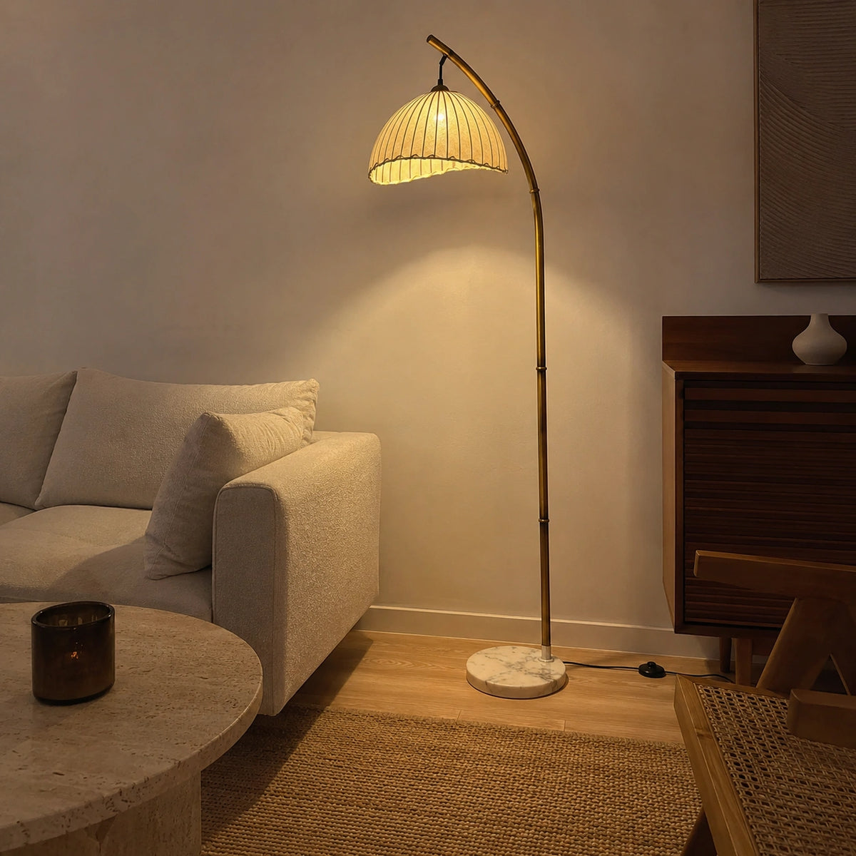 Lampadaire Bambou Naturel et Abat-Jour en Tissu │ Rosa