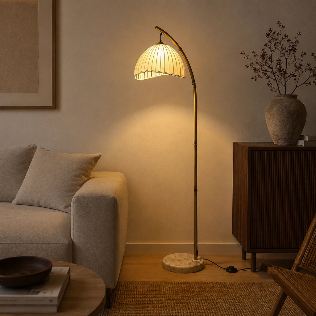 Lampadaire Bambou Naturel et Abat-Jour en Tissu │ Rosa
