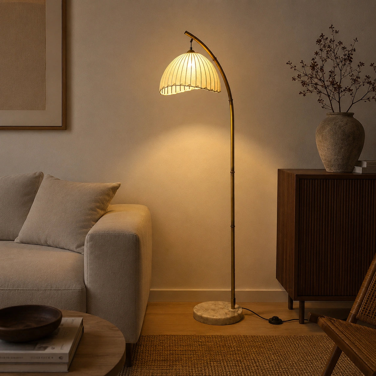 Lampadaire Bambou Naturel et Abat-Jour en Tissu │ Rosa