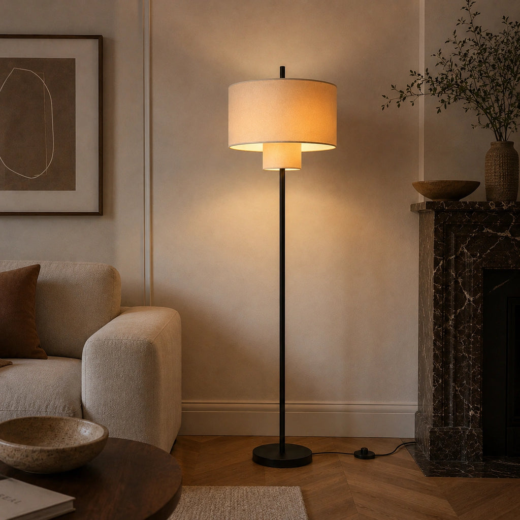 Lampadaire Design en Tissu et Métal Noir – Éclairage d'Ambiance Japandi │ Amély