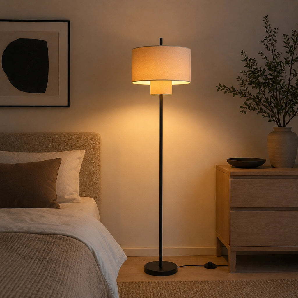 Lampadaire Design en Tissu et Métal Noir – Éclairage d'Ambiance Japandi │ Amély