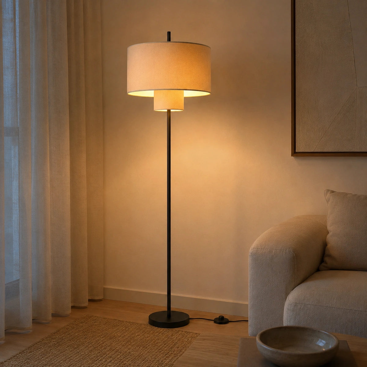Lampadaire Design en Tissu et Métal Noir – Éclairage d'Ambiance Japandi │ Amély