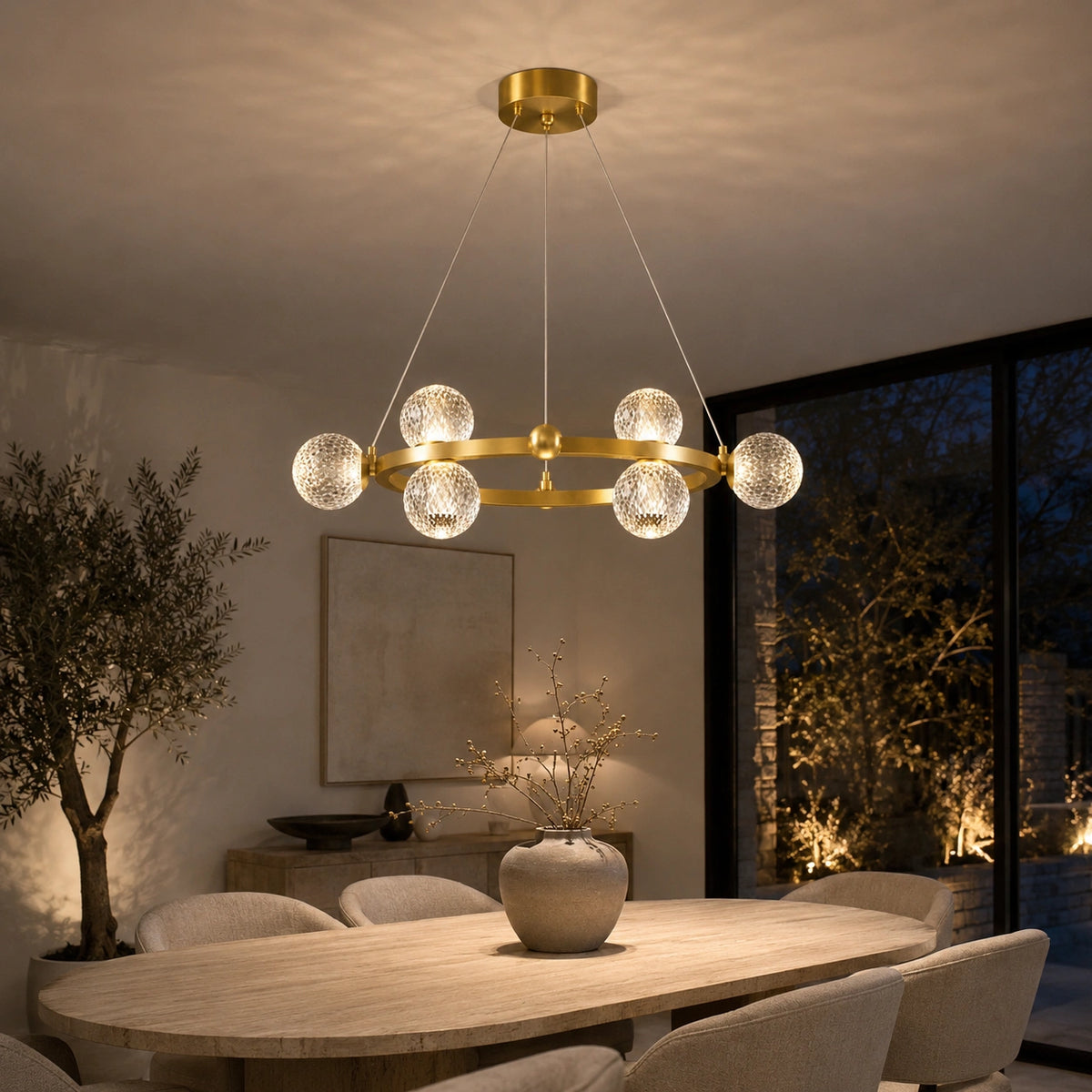 Suspension Design Anneau Doré et Boules en Verre Texturé