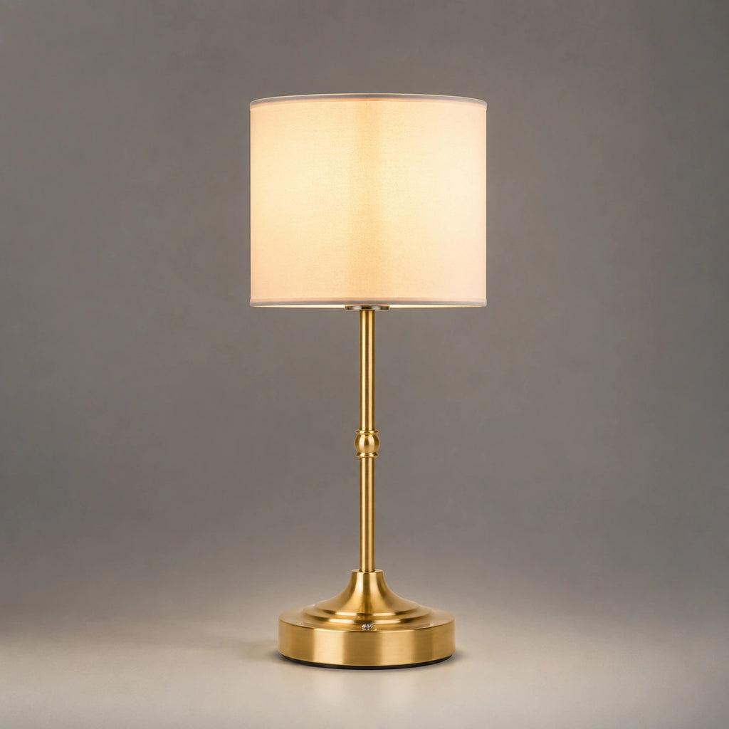Lampe de Table LED Rechargeable Sans Fil – Abat-Jour Tissu et Base Dorée