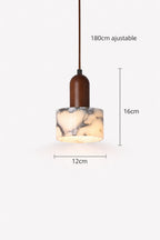 Modern pendant light with marble-effect cylindrical shade and wooden top, adjustable cord.