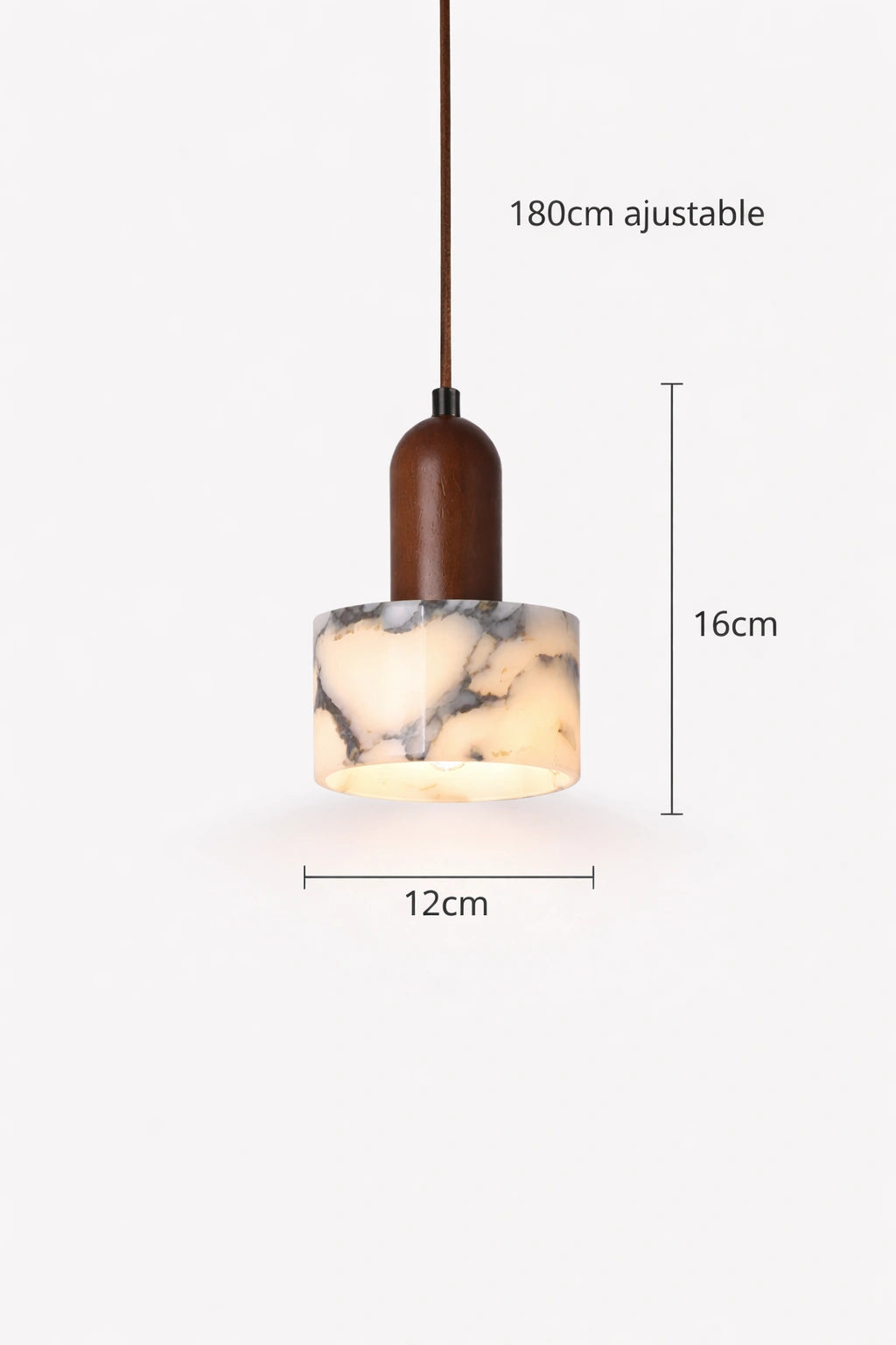 Modern pendant light with marble-effect cylindrical shade and wooden top, adjustable cord.