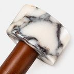White and gray marble-effect rectangular lamp shade with wooden brown lamp base.