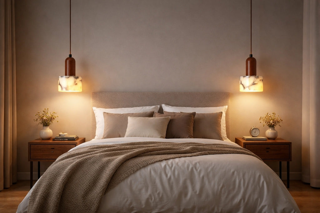 Modern bedroom with wooden bedside tables, beige bedding, and warm LED pendant lights with marble-effect shades.