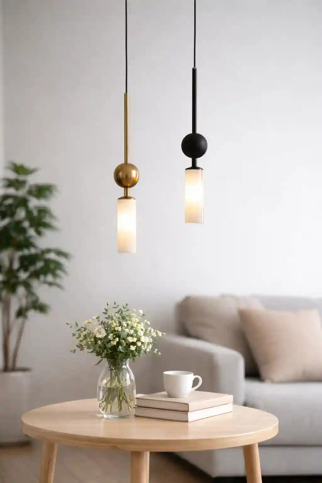 Modern pendant lights with gold and black finishes, cylindrical frosted glass shades, suspended over a wooden table with a.