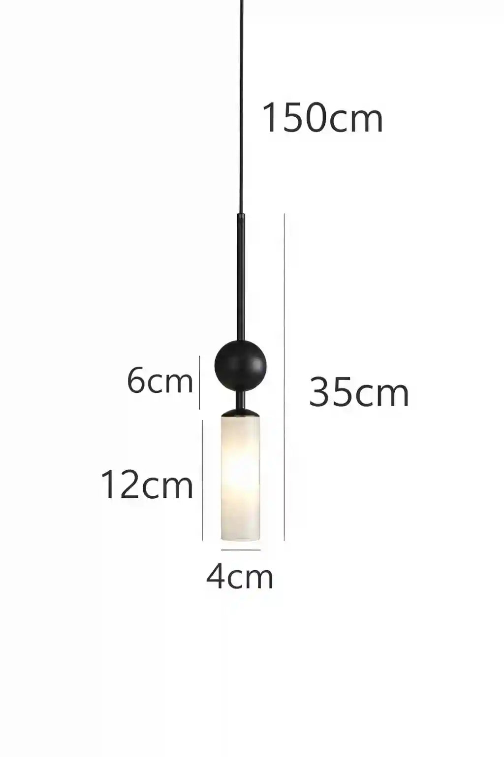 Black and gold LED pendant light with cylindrical frosted glass shade, 150cm cable length.