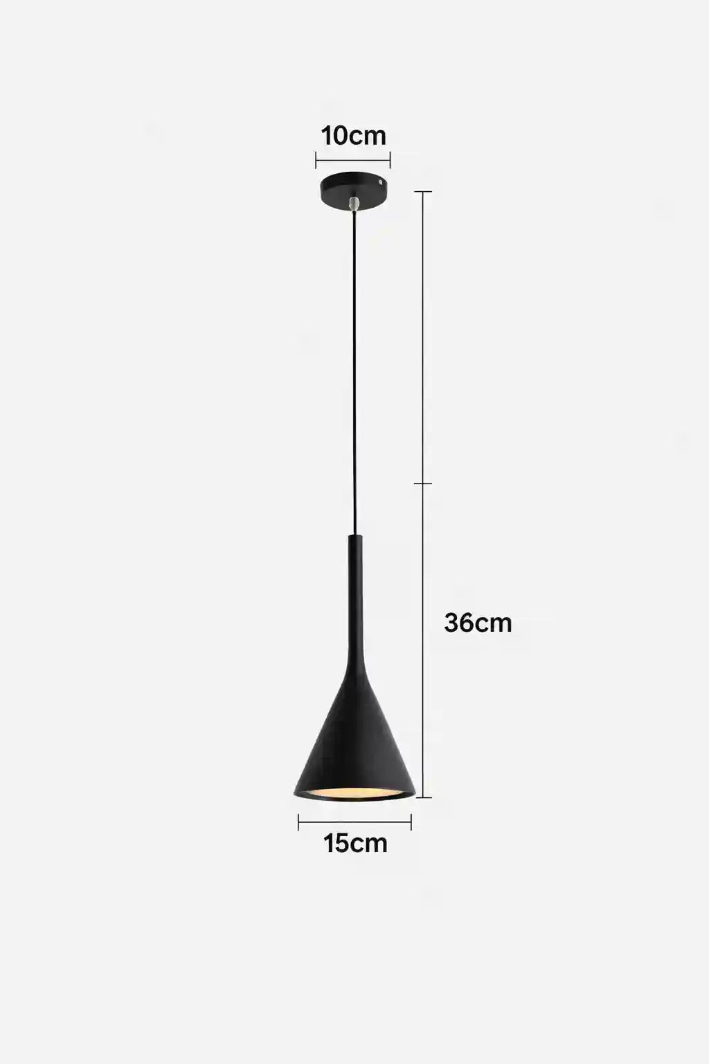 Black conical pendant light with 15cm shade and 36cm cord length, ceiling mount 10cm diameter.